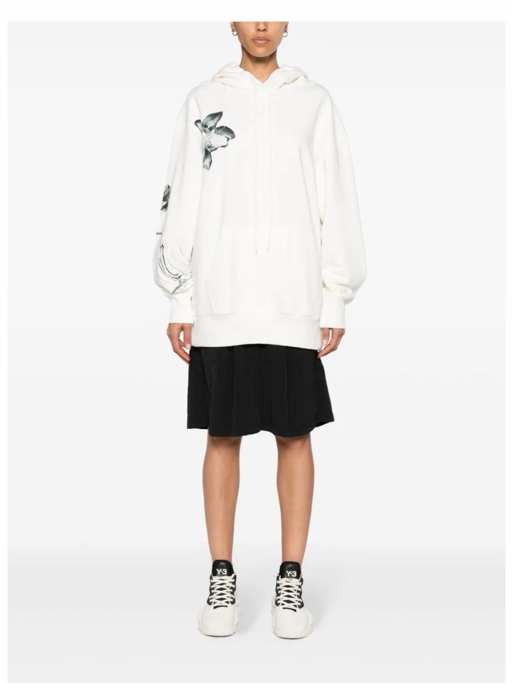 Y-3 White Hoodie with Black Floral Design